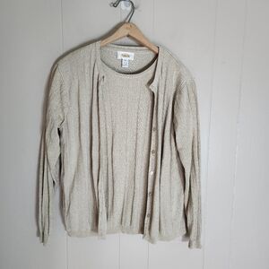 Talbots twin set vtg cardigan sweater beige gold metallic lurex silk blend M
